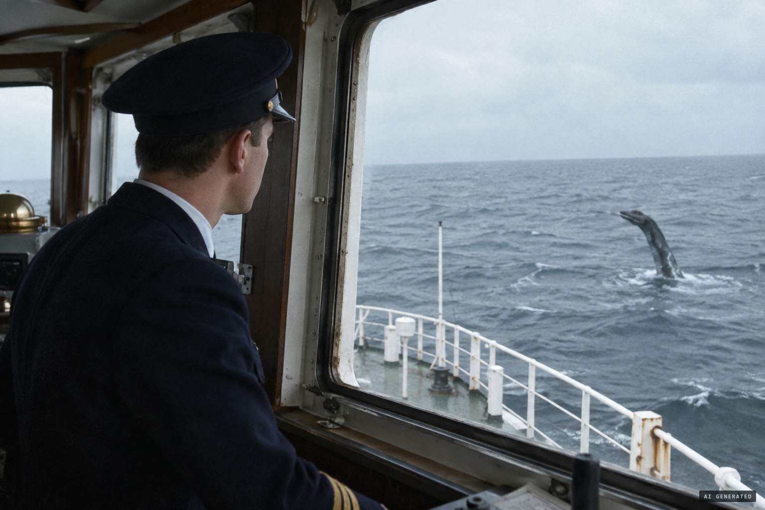 Third Officer Axelson sees a snakelike head rear out of the sea off the starboard bow