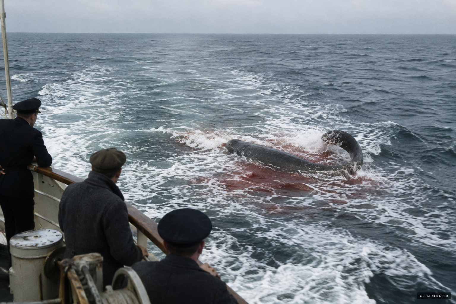 The animal thrashes astern in reddened water, appearing to be in agony