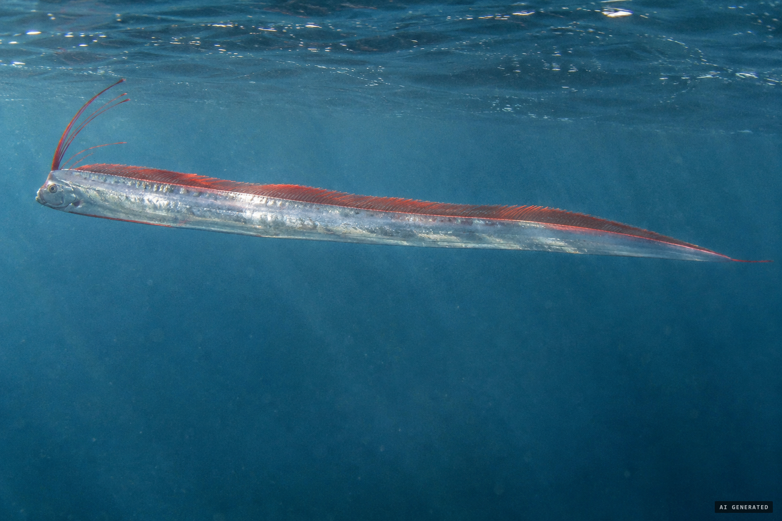 The giant oarfish suggestion: flat-bodied, with a bright red dorsal fin