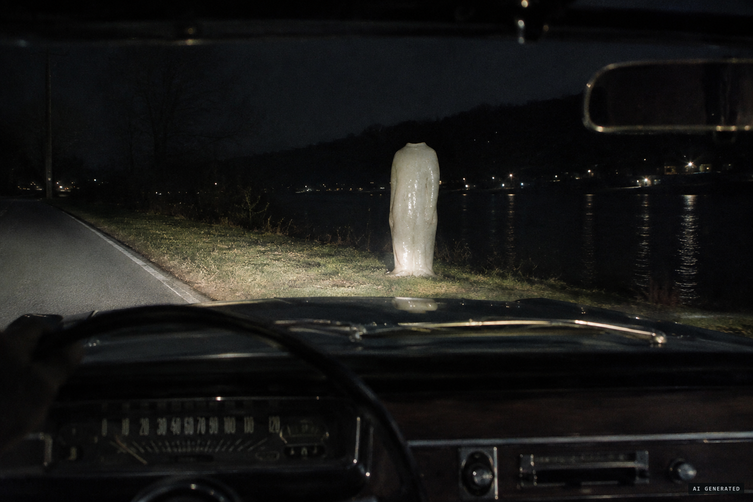 A huge white headless figure with seal-like skin in the headlights