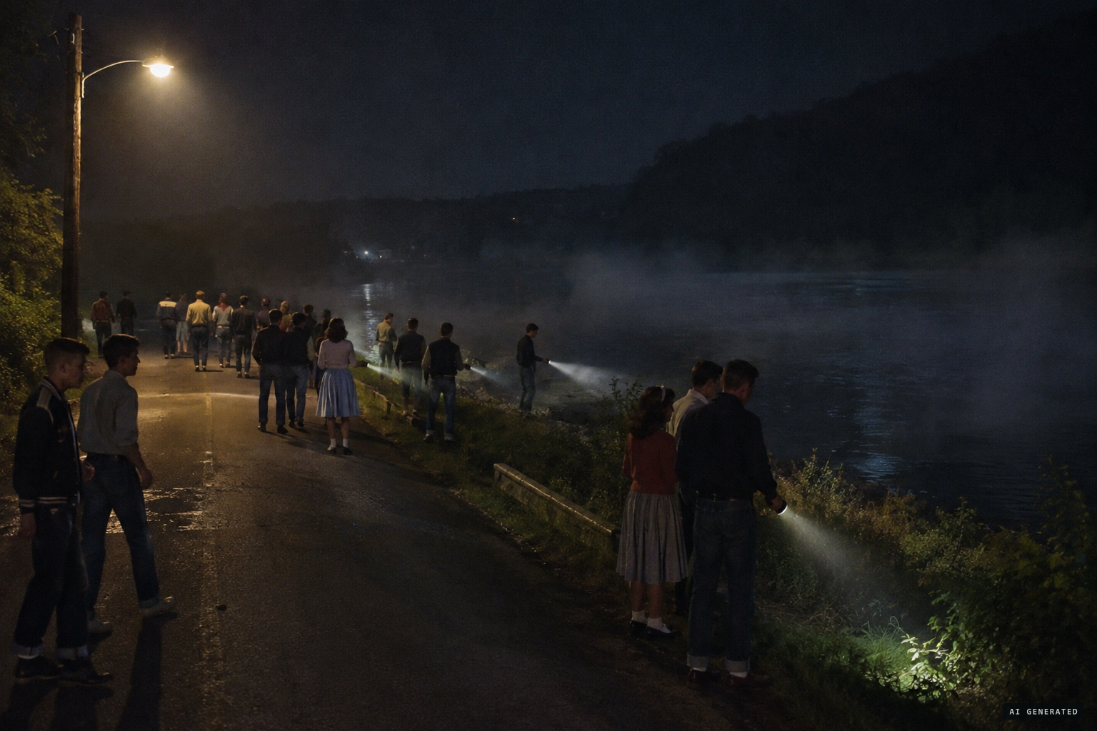 Teenage searchers patrol Riverside Drive with flashlights, bats and crowbars