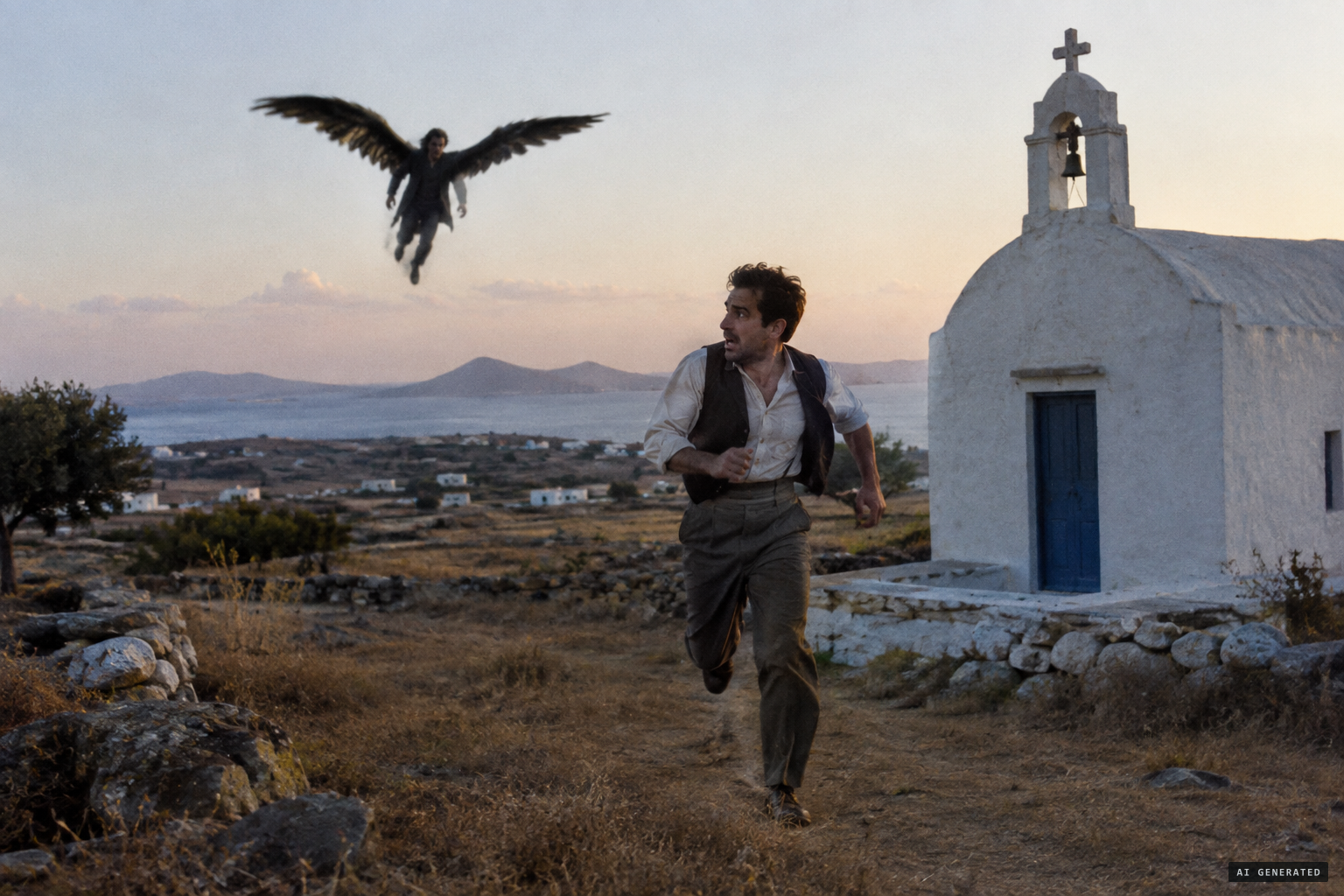 At Antimachia, a 'man with wings' sends a witness fleeing into a church