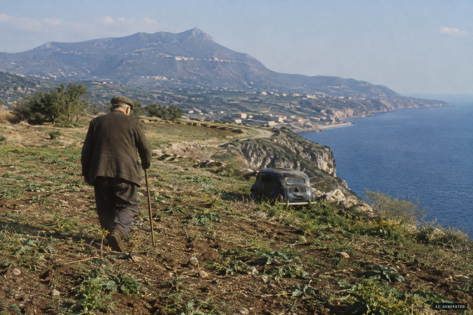 An 84-year-old farmer goes to warn the 'driver' of a small car-like object