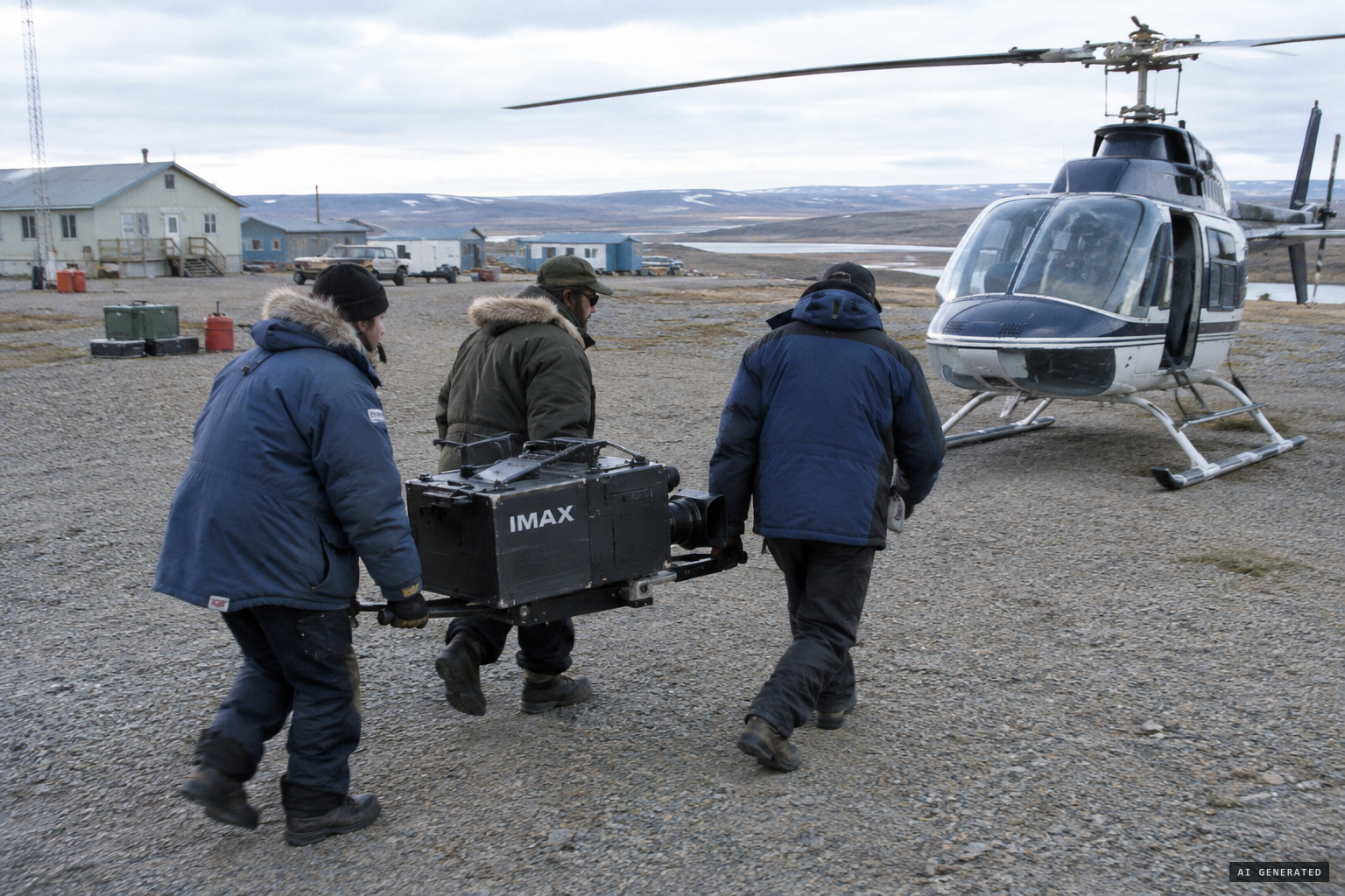 The Great North crew prepares a 45 kg IMAX camera at the Kuujjuaq helicopter base.