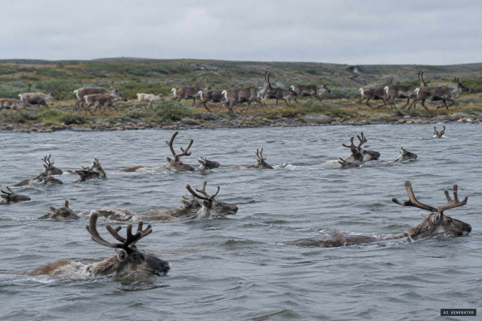 Caribou swimming and running at the river crossing.