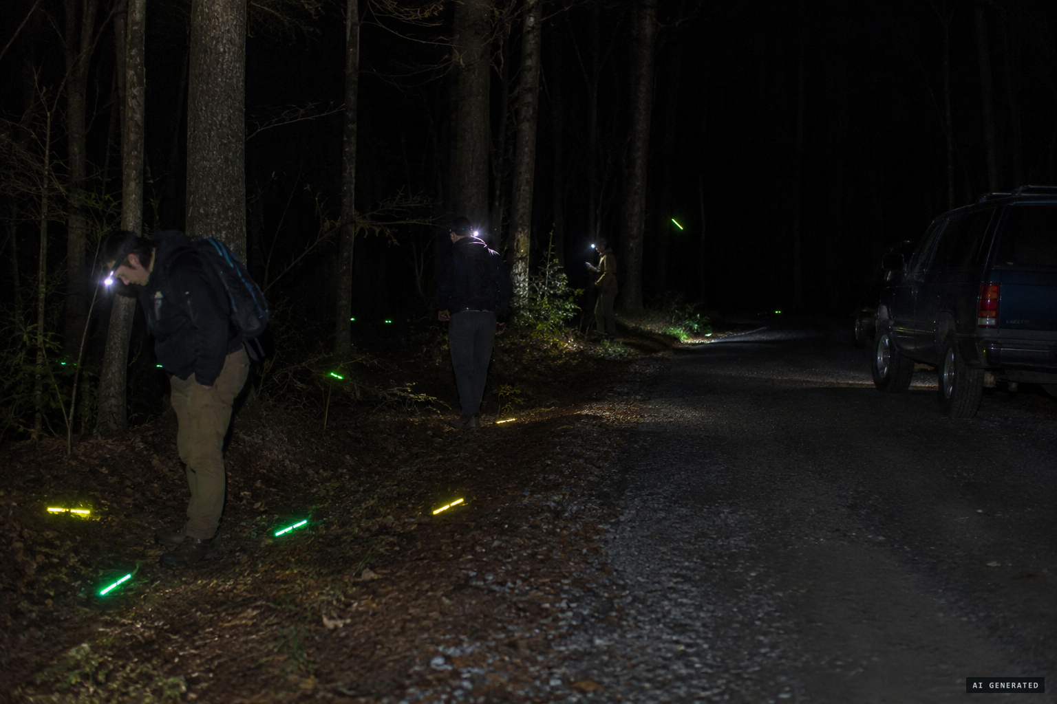 Glow sticks set out in the woods, one moving "three steps at a time"