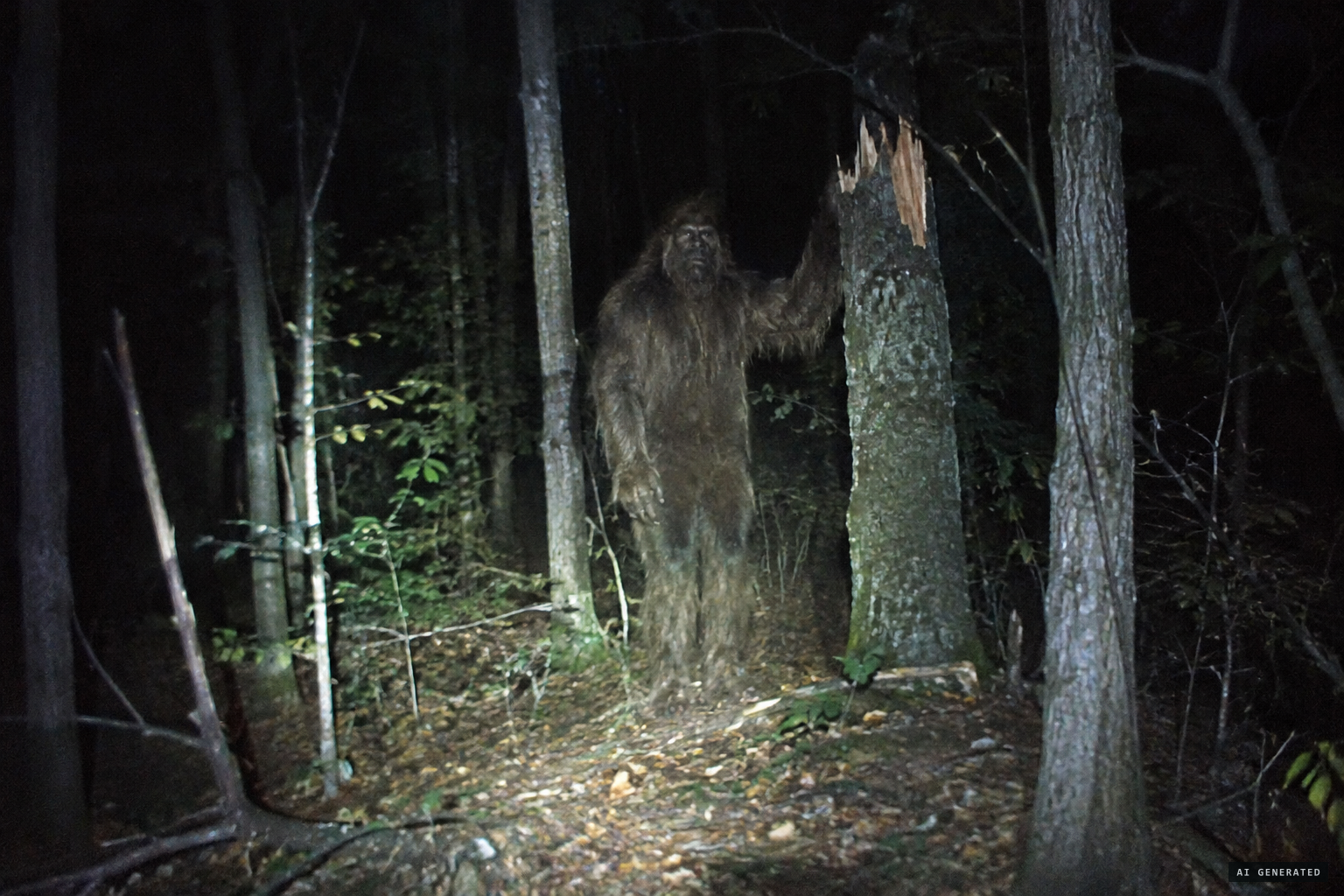 The hairy bipedal figure, hand on a tree broken 9 feet above the ground