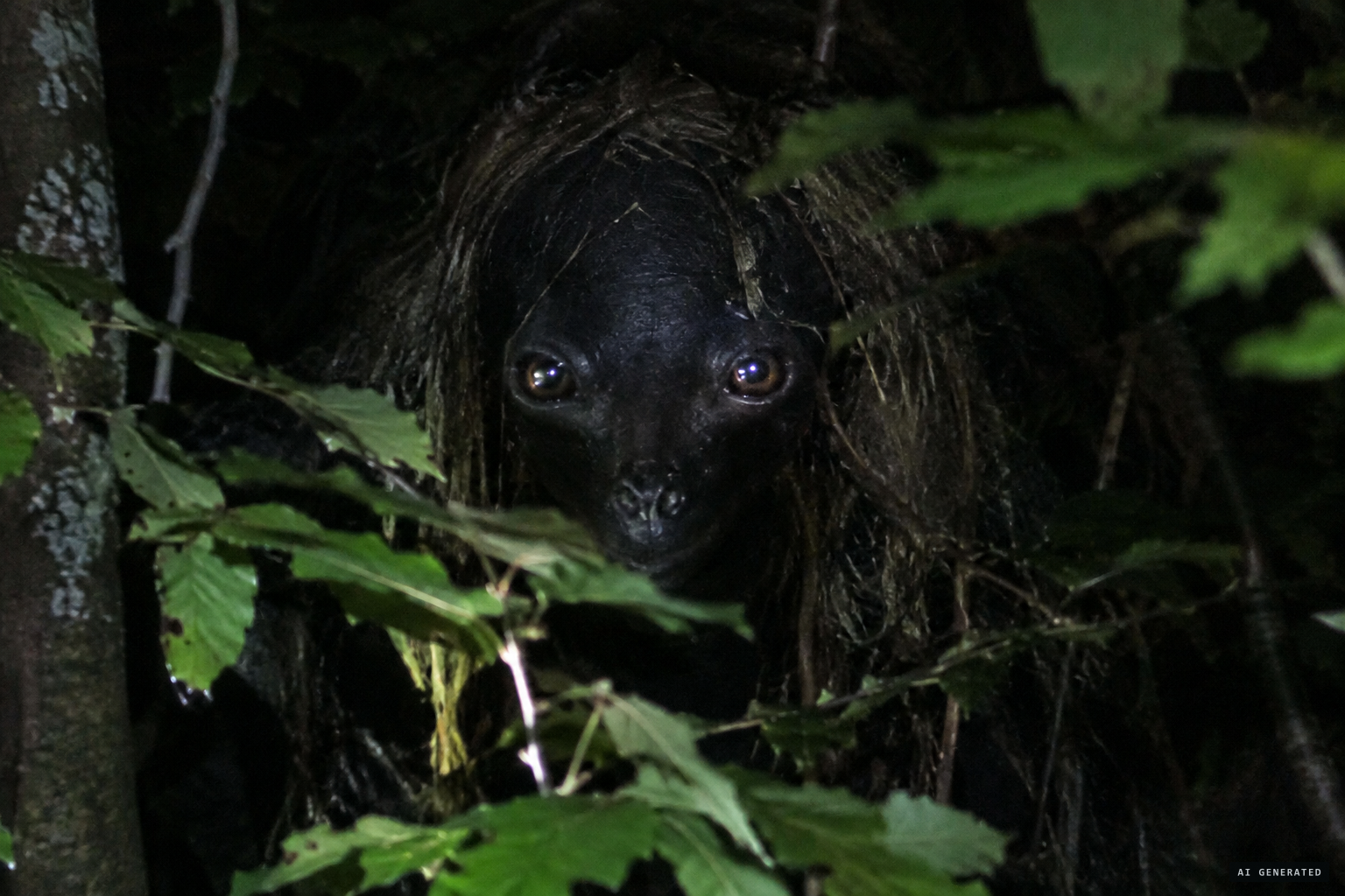 A solid black face, eyes farther apart than human eyes