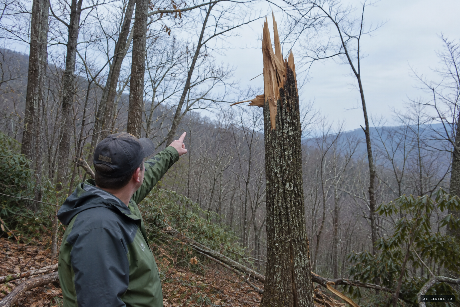 Bruner points to the tree snapped 9 feet up