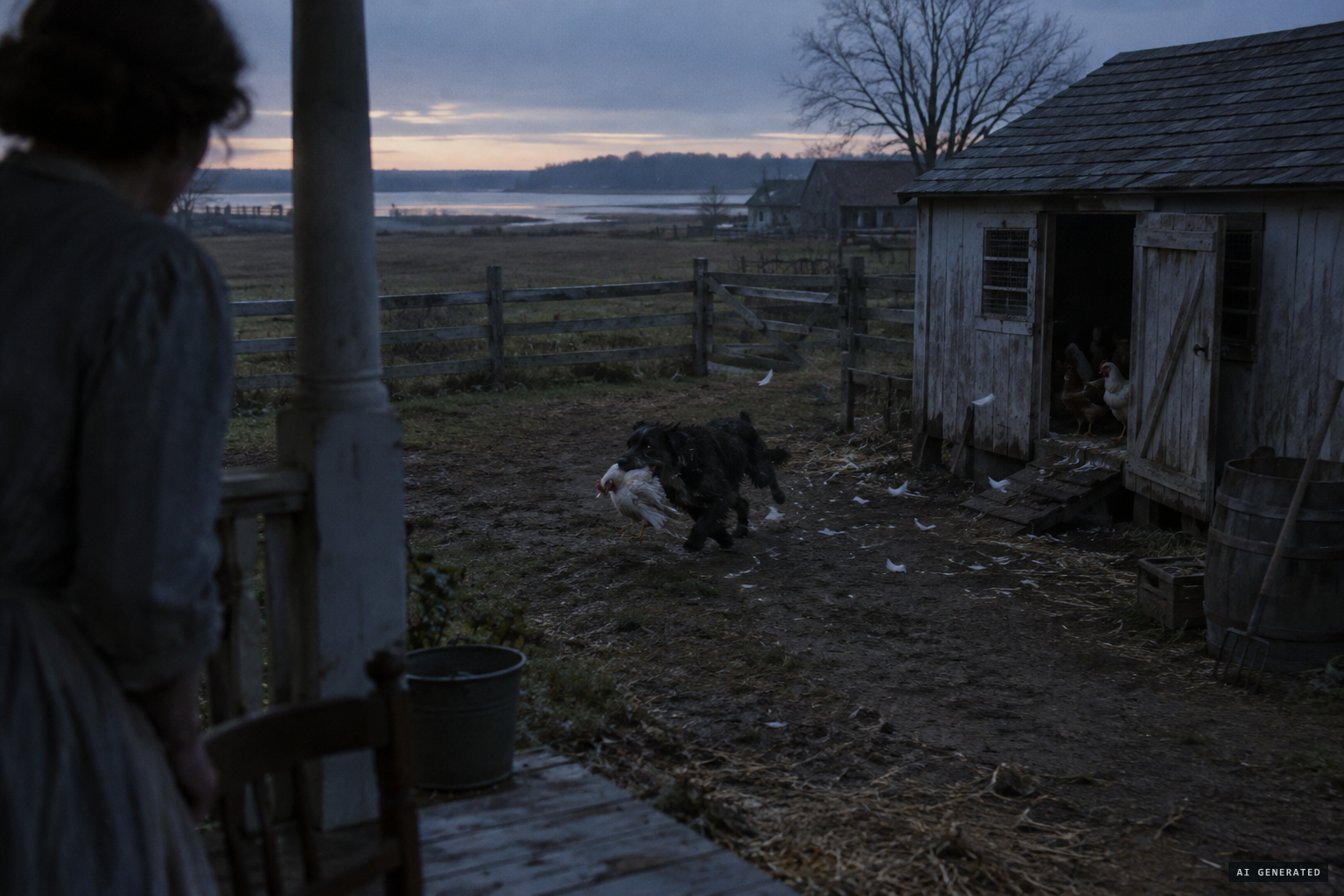 An animal runs from the coop with a chicken in its mouth