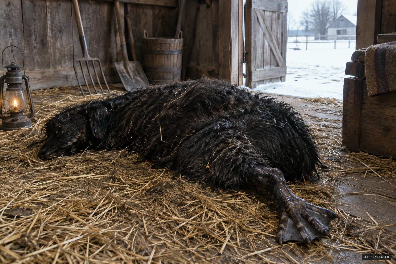 Airedale-sized, black crinkly hair, four webbed toes on the hind feet