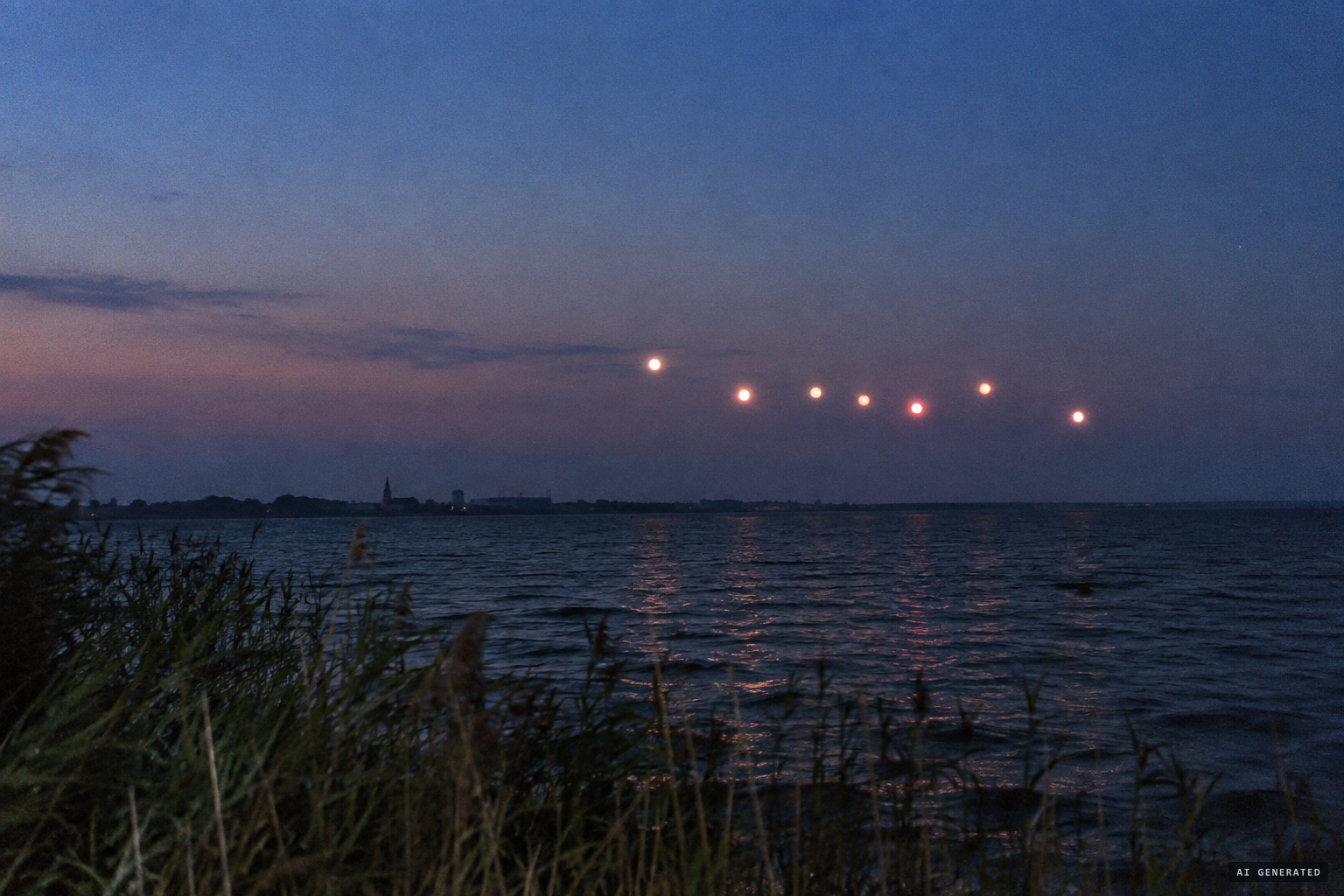 Seven glowing spheres appear north-east of Greifswald around 20:30