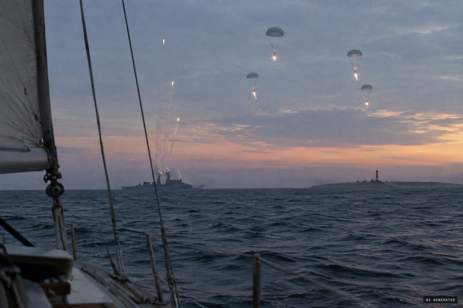 The flare account: spheres fired up from a warship, sinking slowly on oversized parachutes