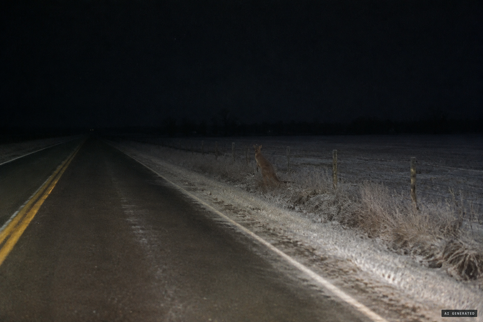 A phantom kangaroo on a winter Ohio road, far from any zoo