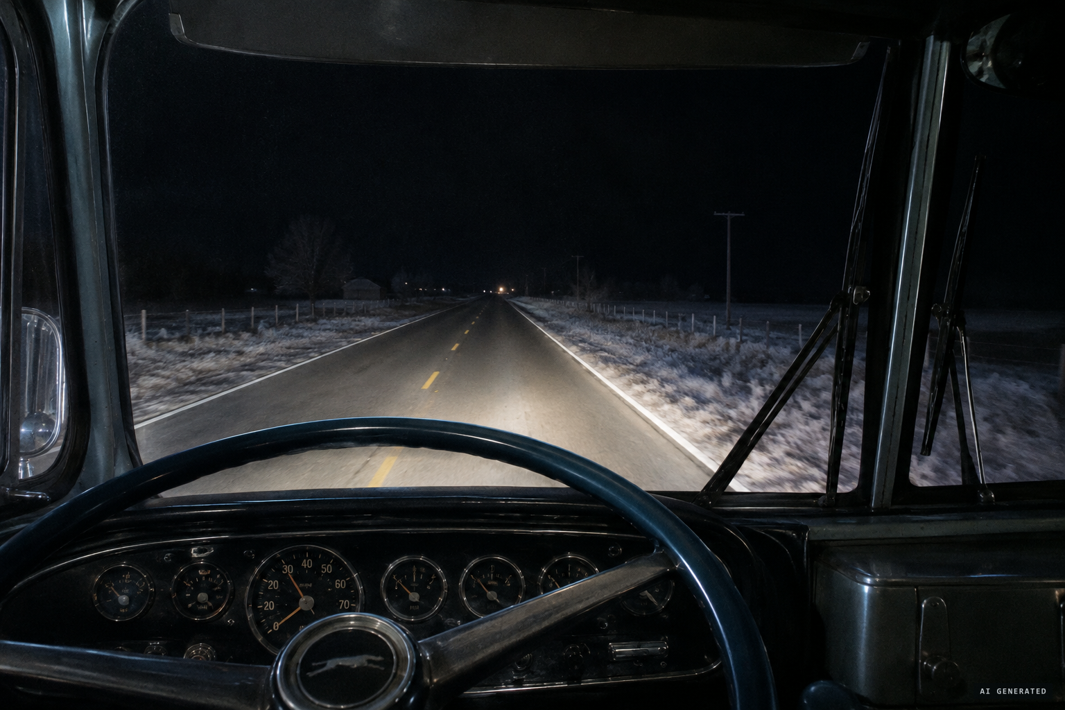 A Greyhound bus travels the highway outside Grove City at night