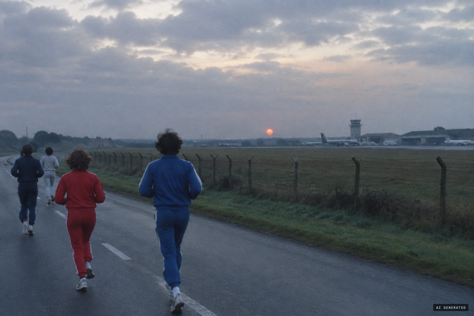 Joggers on the airfield road see a red-orange ball hanging motionless over a field