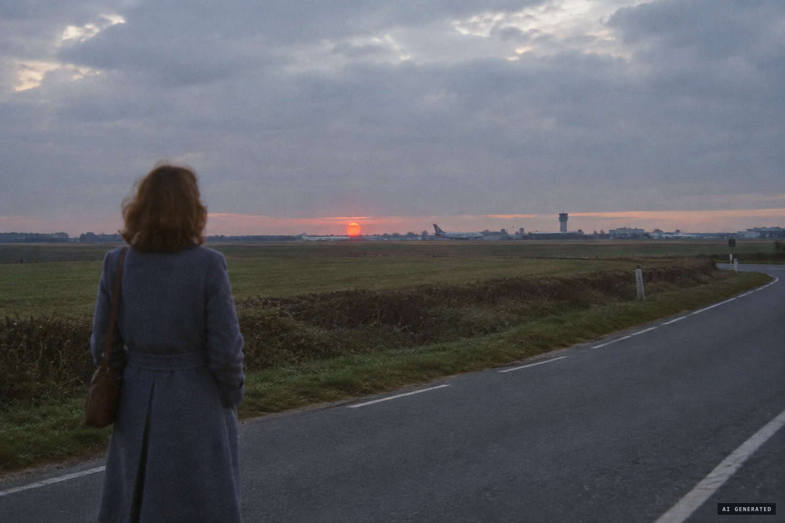 A woman with the joggers sees a stationary fire-red sphere on the horizon at 08:00