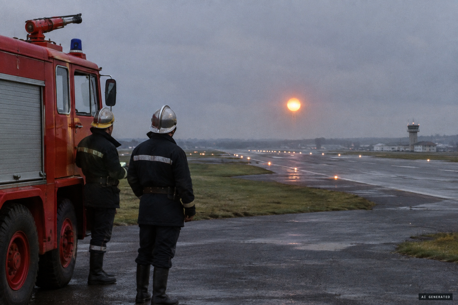 Two airport firefighters see a glowing orange ball approach the runway as if landing