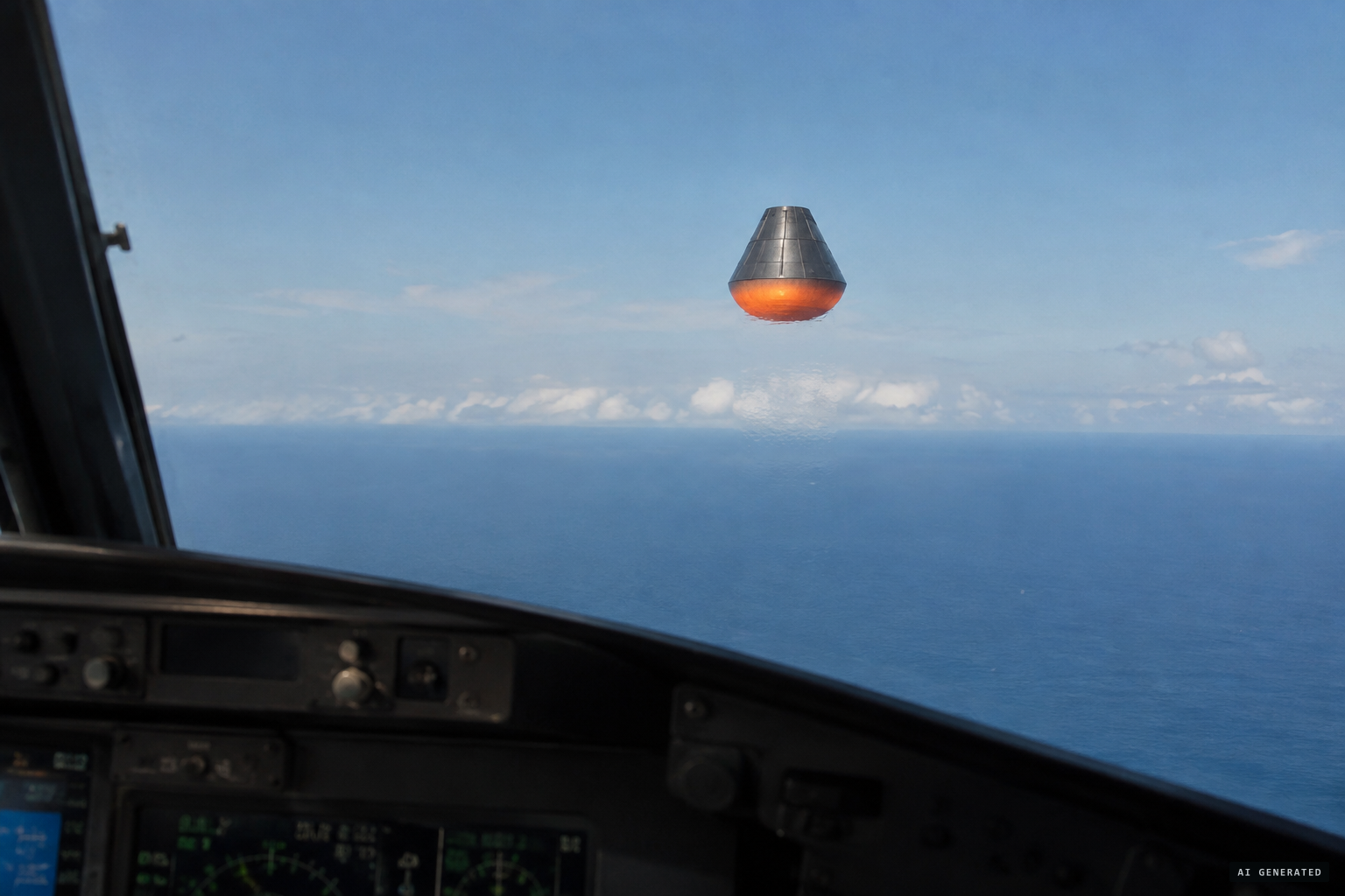 UAP-1: an Apollo-like capsule with a glowing orange-red base and gray paneled cone