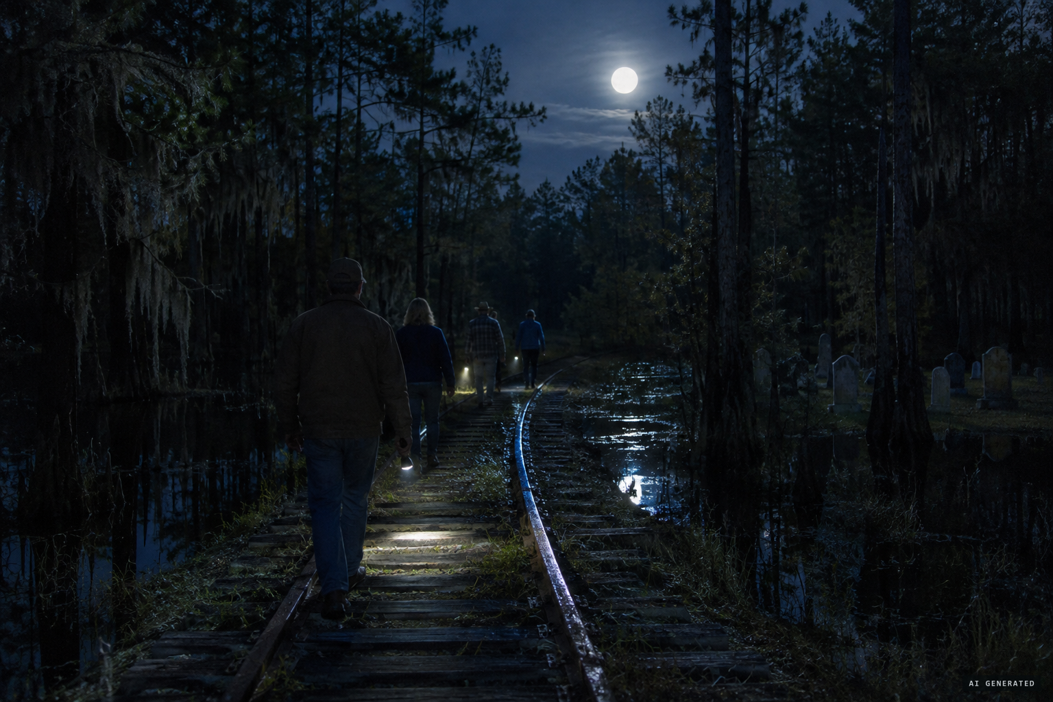 Night walkers on the old Missouri Pacific track north of Gurdon