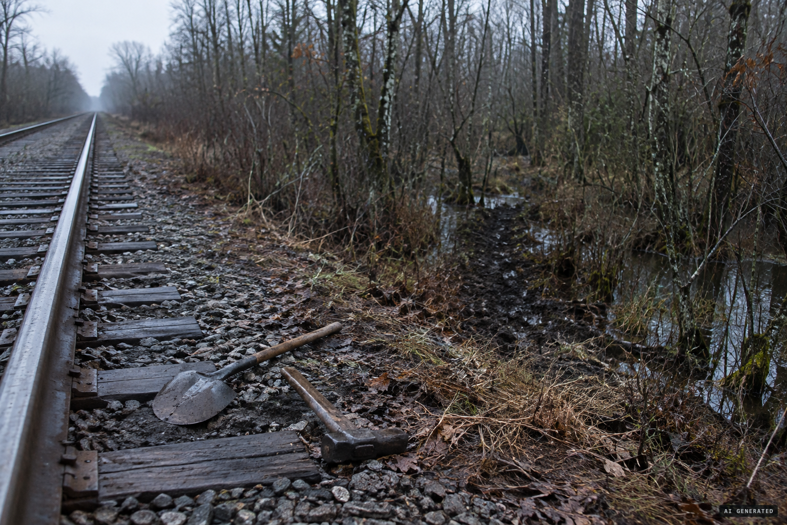 A shovel, a spike maul and a trail into the swamp