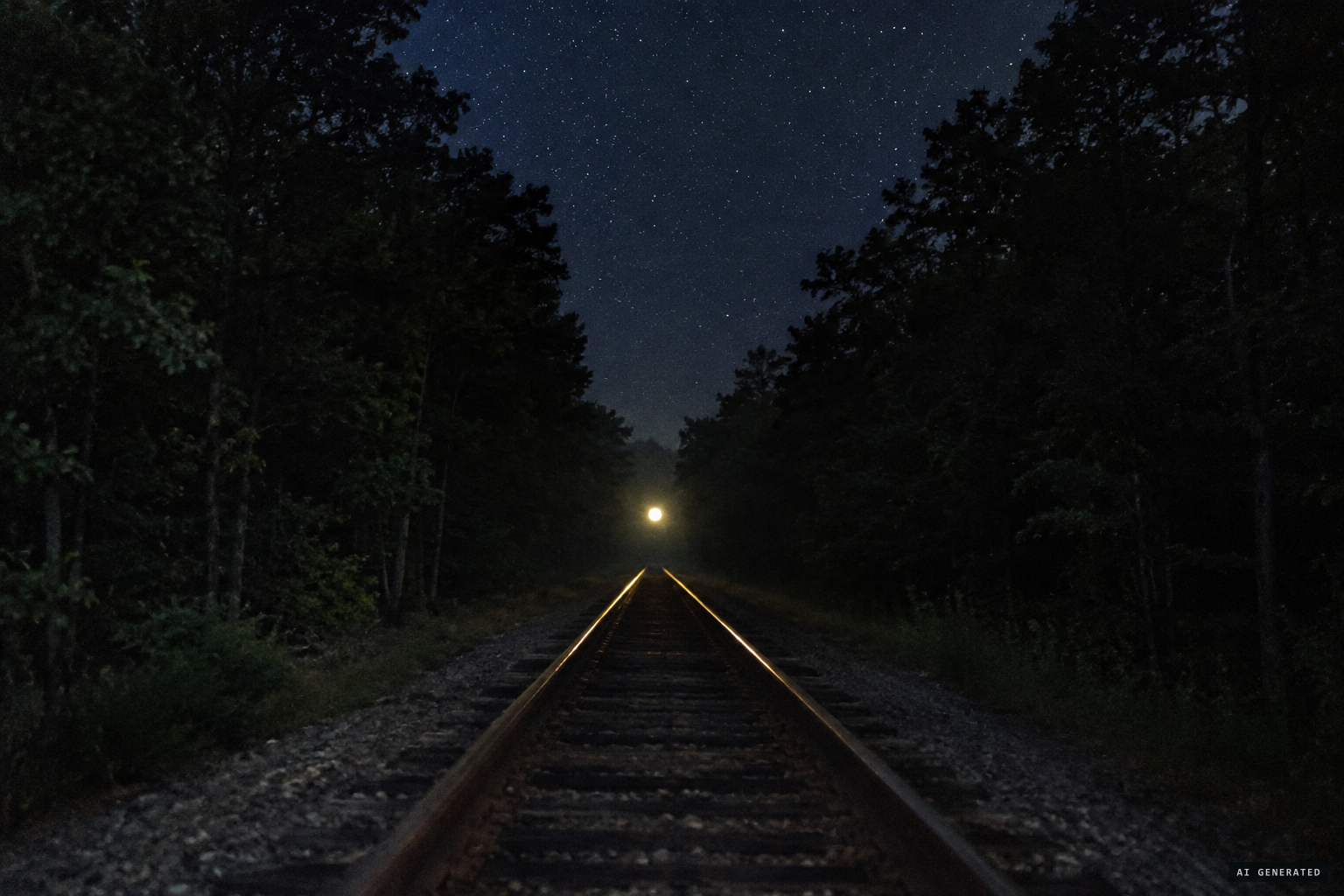 A round ball of light hangs silently above the rails