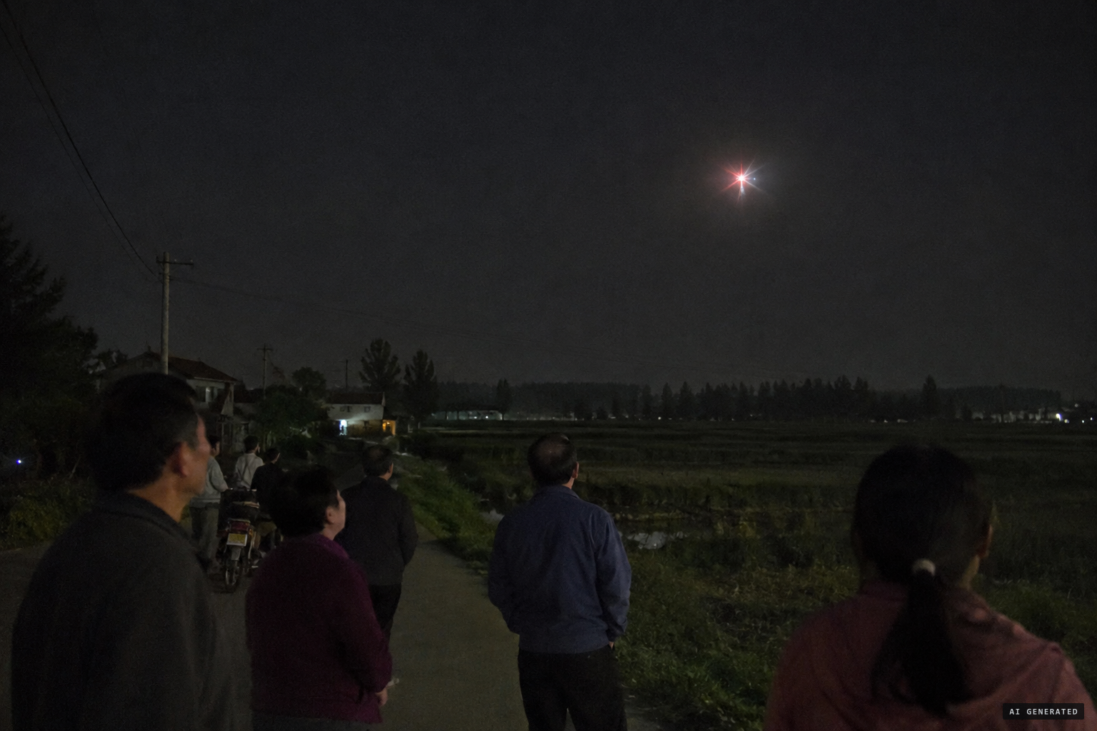 A single point of light giving off red and white rays