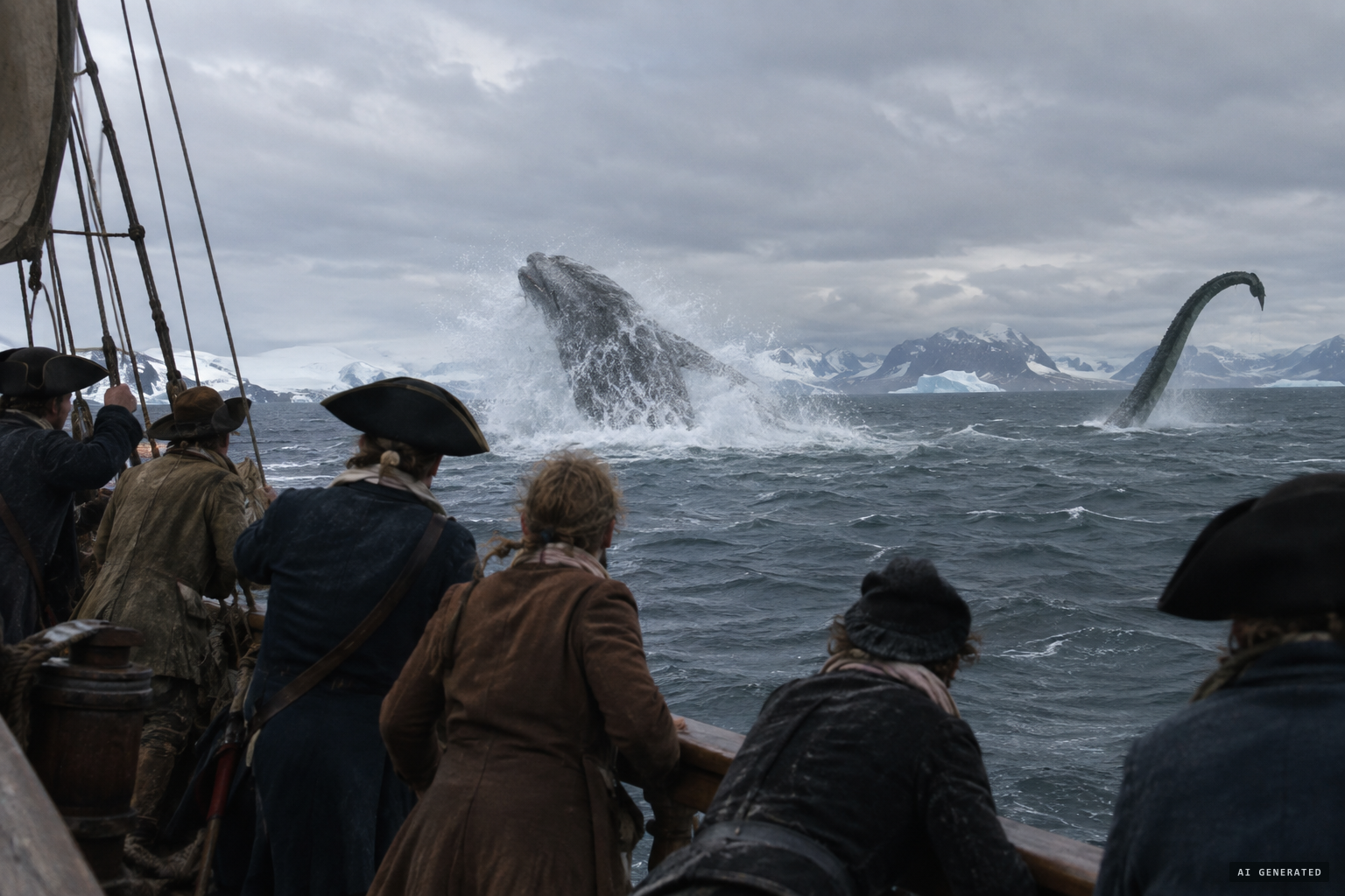 It dives backwards and raises its tail a ship-length from its body.