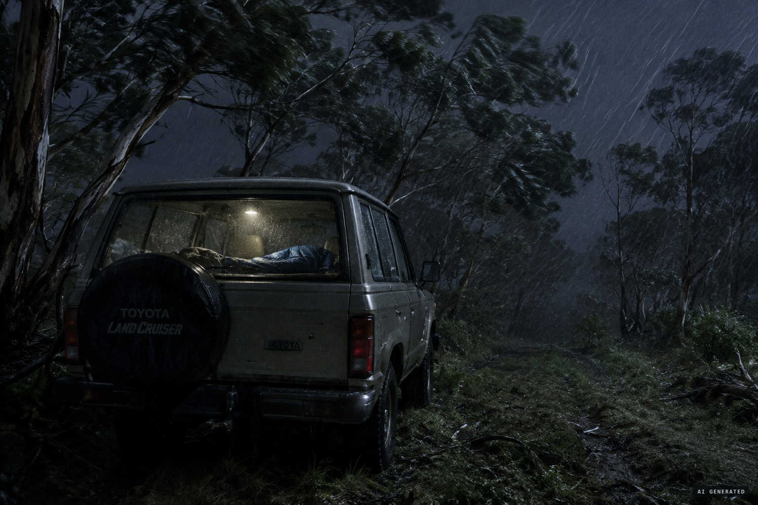 Naarding beds down in his Landcruiser on a disused track as a gale drives the rain sideways