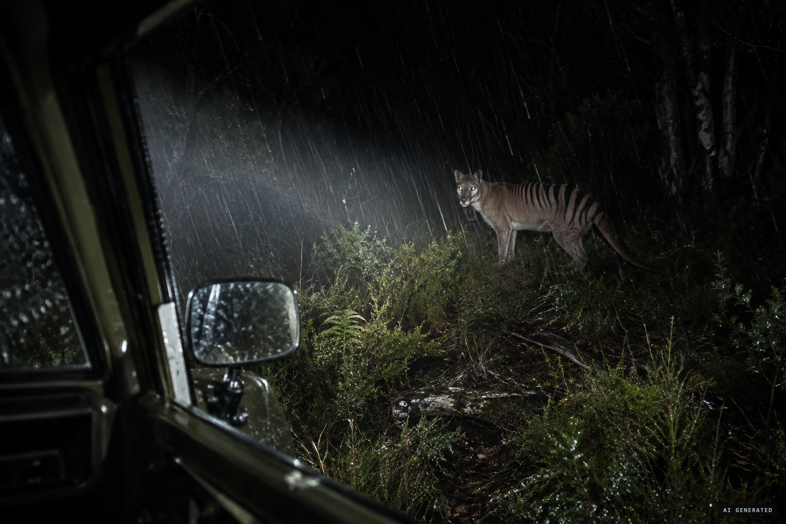The spotlight beam lands on a large thylacine standing side-on, its eye shining yellow
