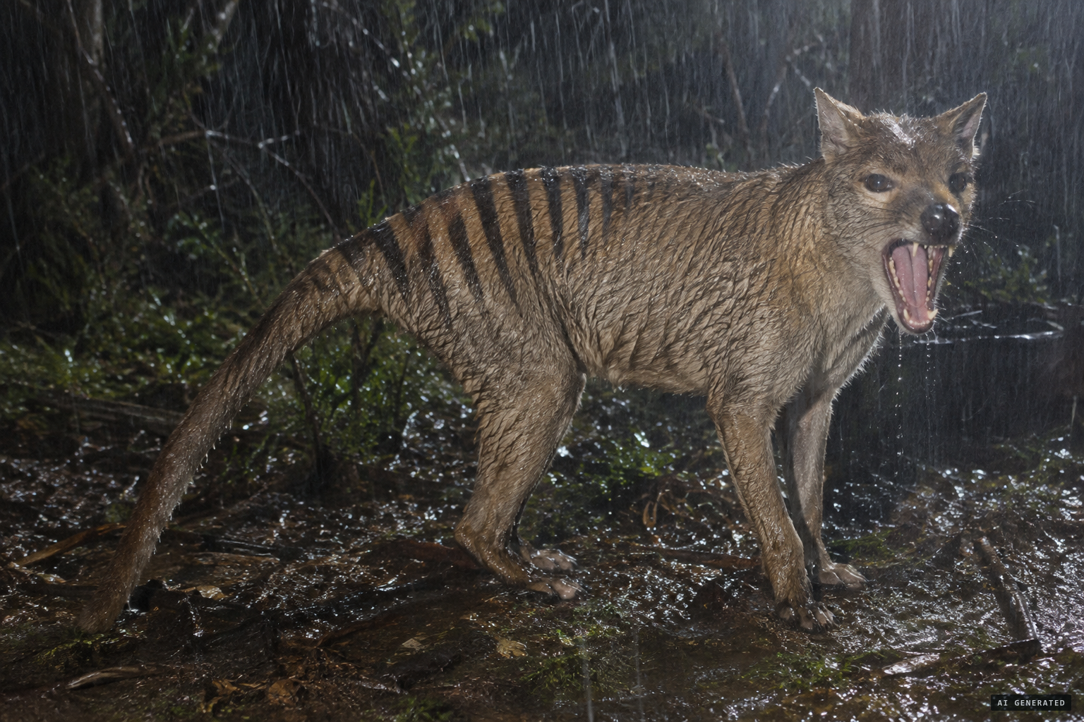 An adult male in excellent condition: twelve stripes, a massive tail and the jaw opened once to show its teeth
