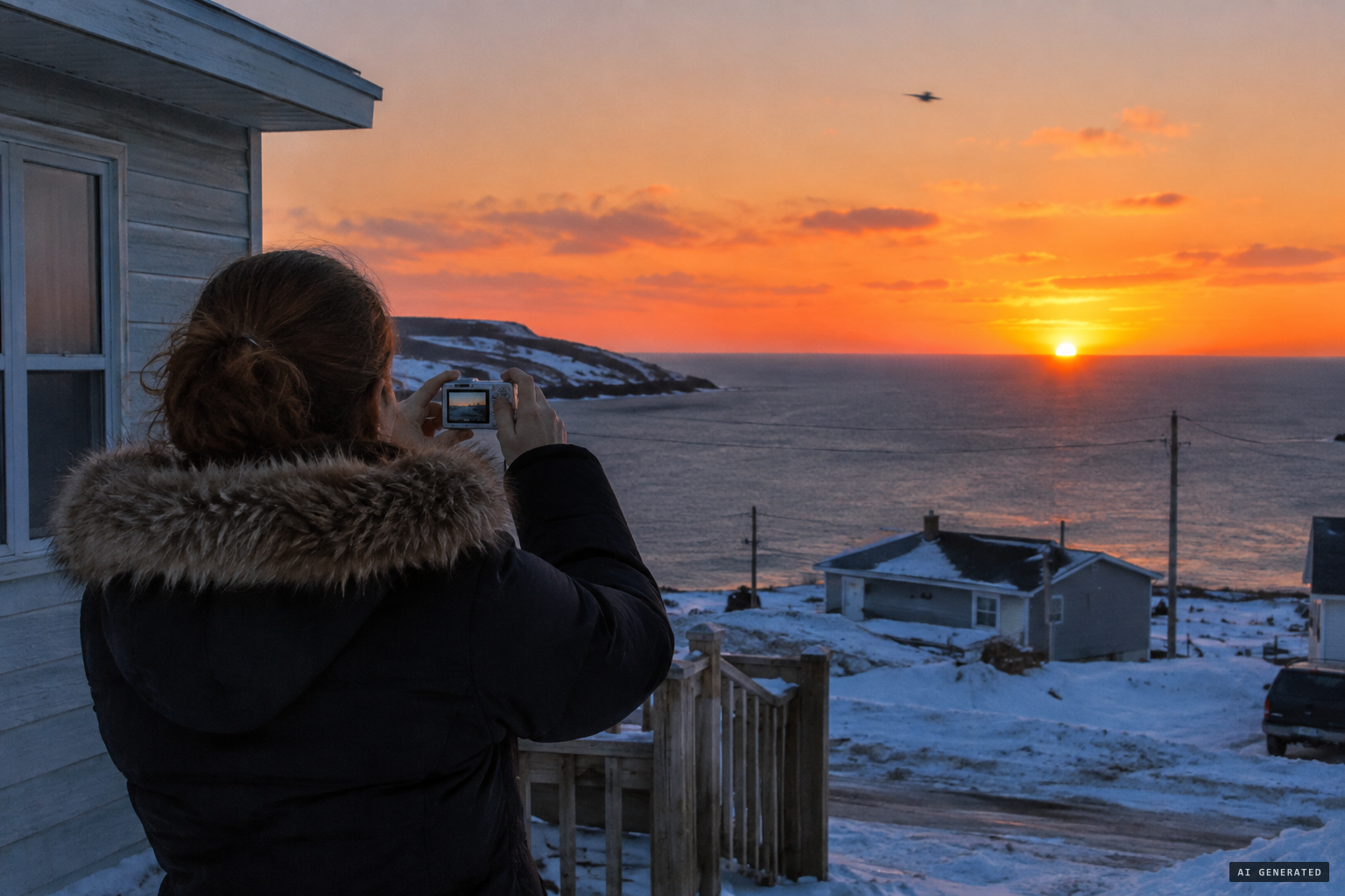 Darlene Stewart photographing the sunset as something flies overhead