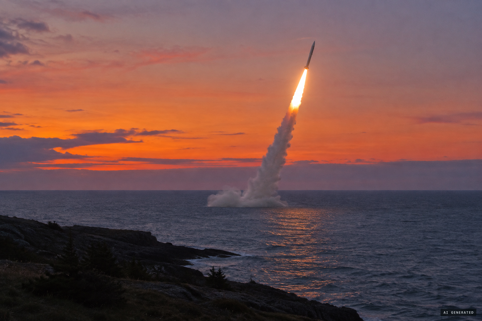 A long, round object like a missile, seemingly rising from the ocean