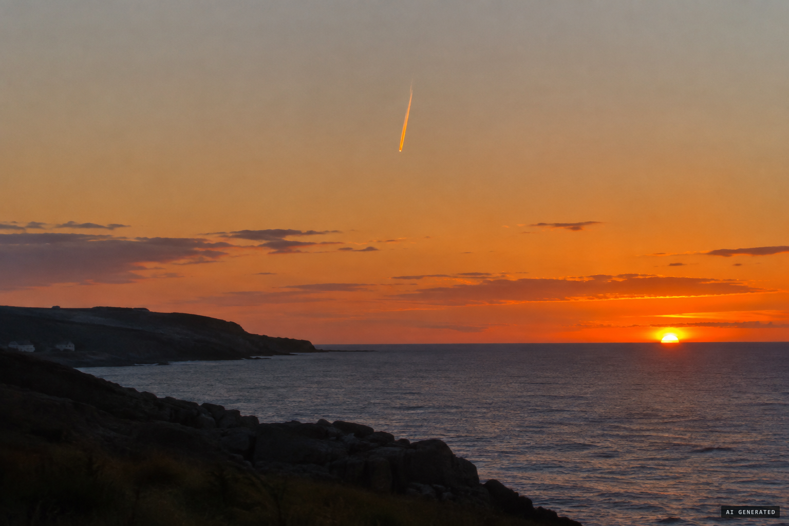 A short contrail lit by the setting sun can look like a missile