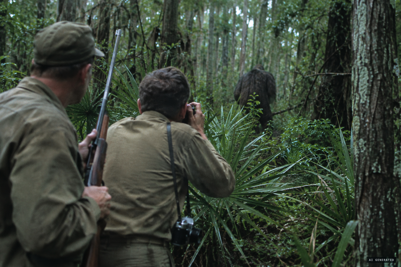 Ford and Mills see something large standing ahead of them in the swamp