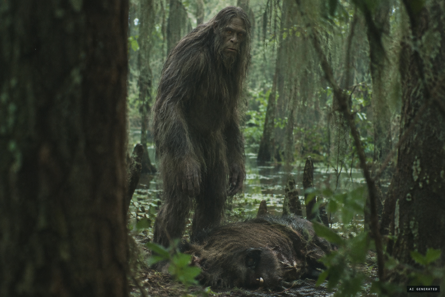 The upright, grey-haired creature with amber eyes, standing over a dead boar