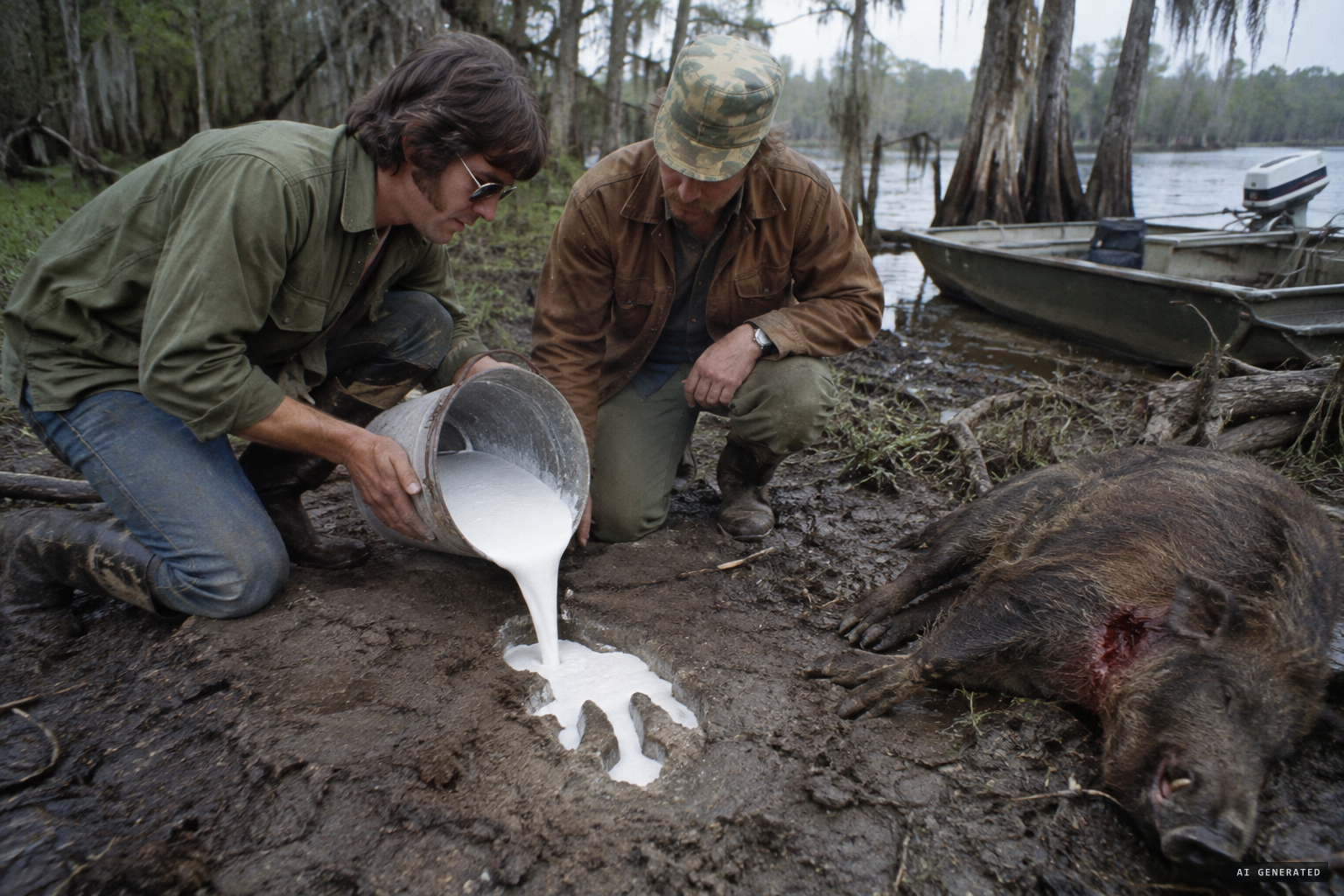 Ford and Mills make plaster casts of the unusual tracks, near a boar with a gashed throat