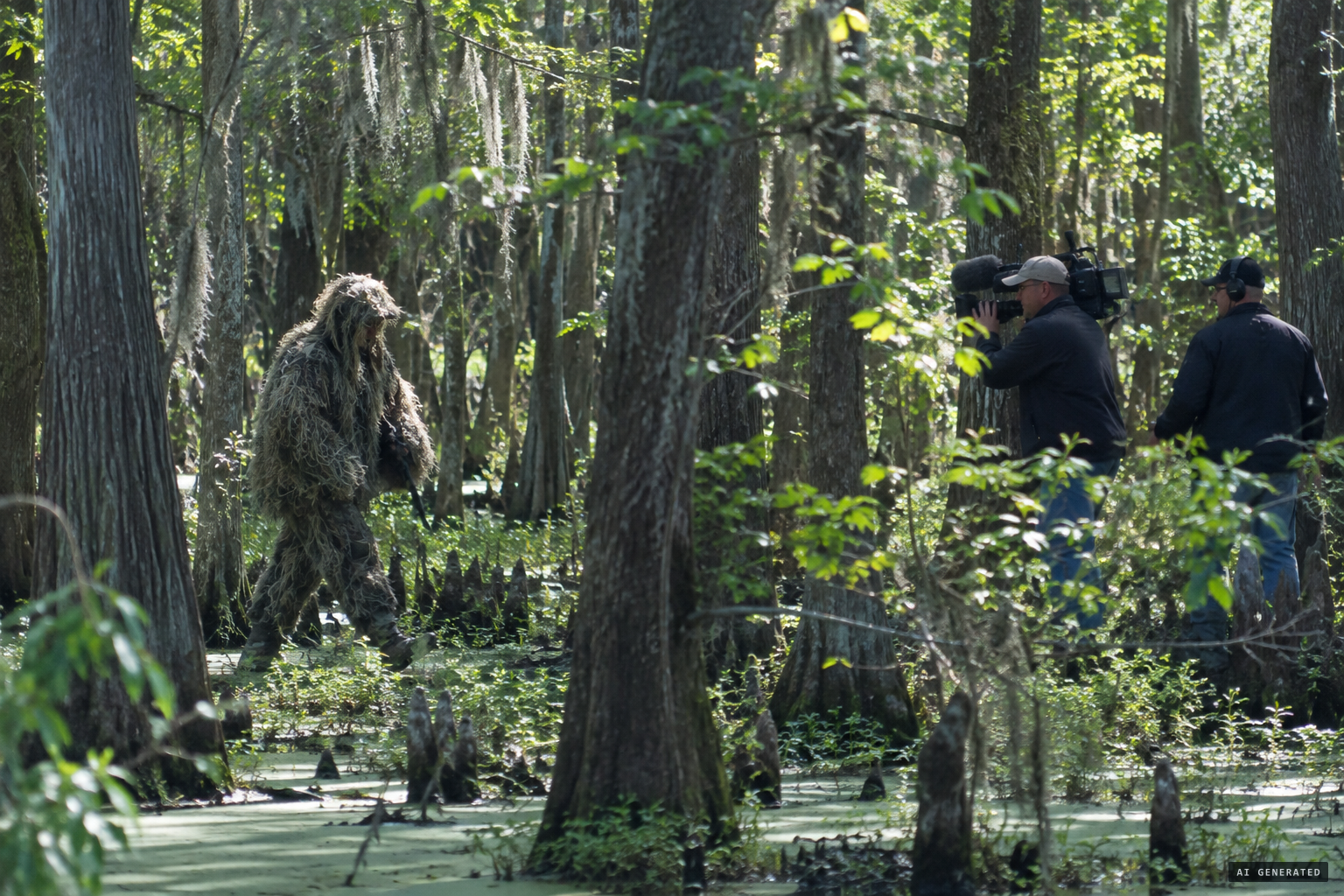 TV recreates the footage with a man in a ghillie suit