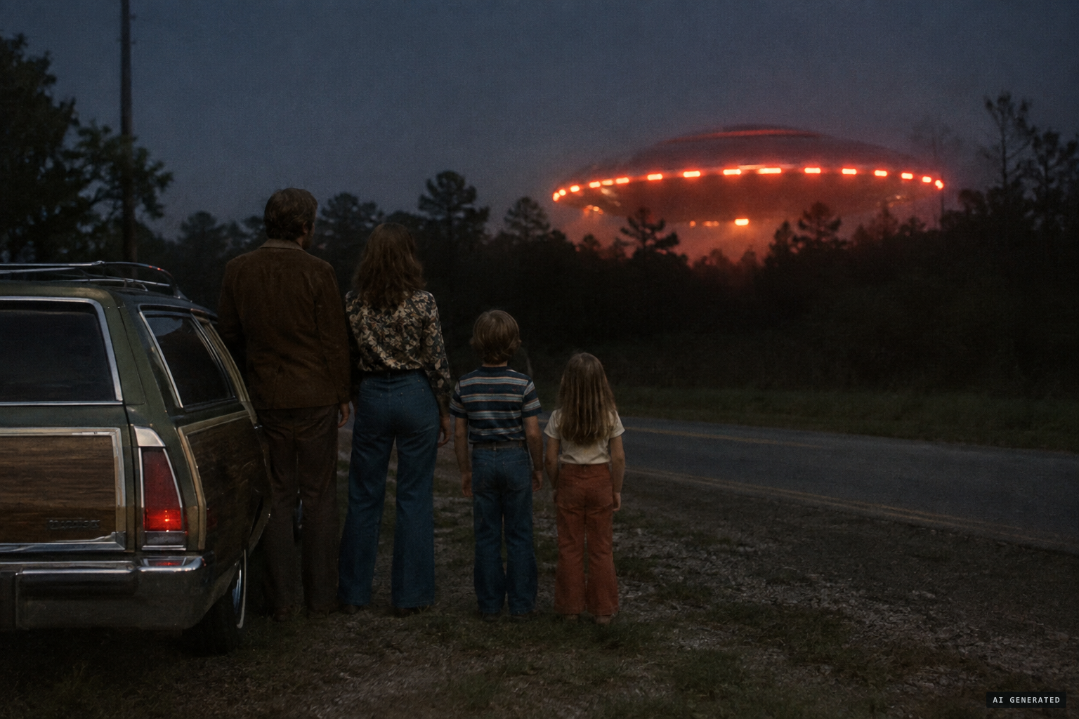 The Beck family sees a saucer as large as a DC-8 come down behind the trees