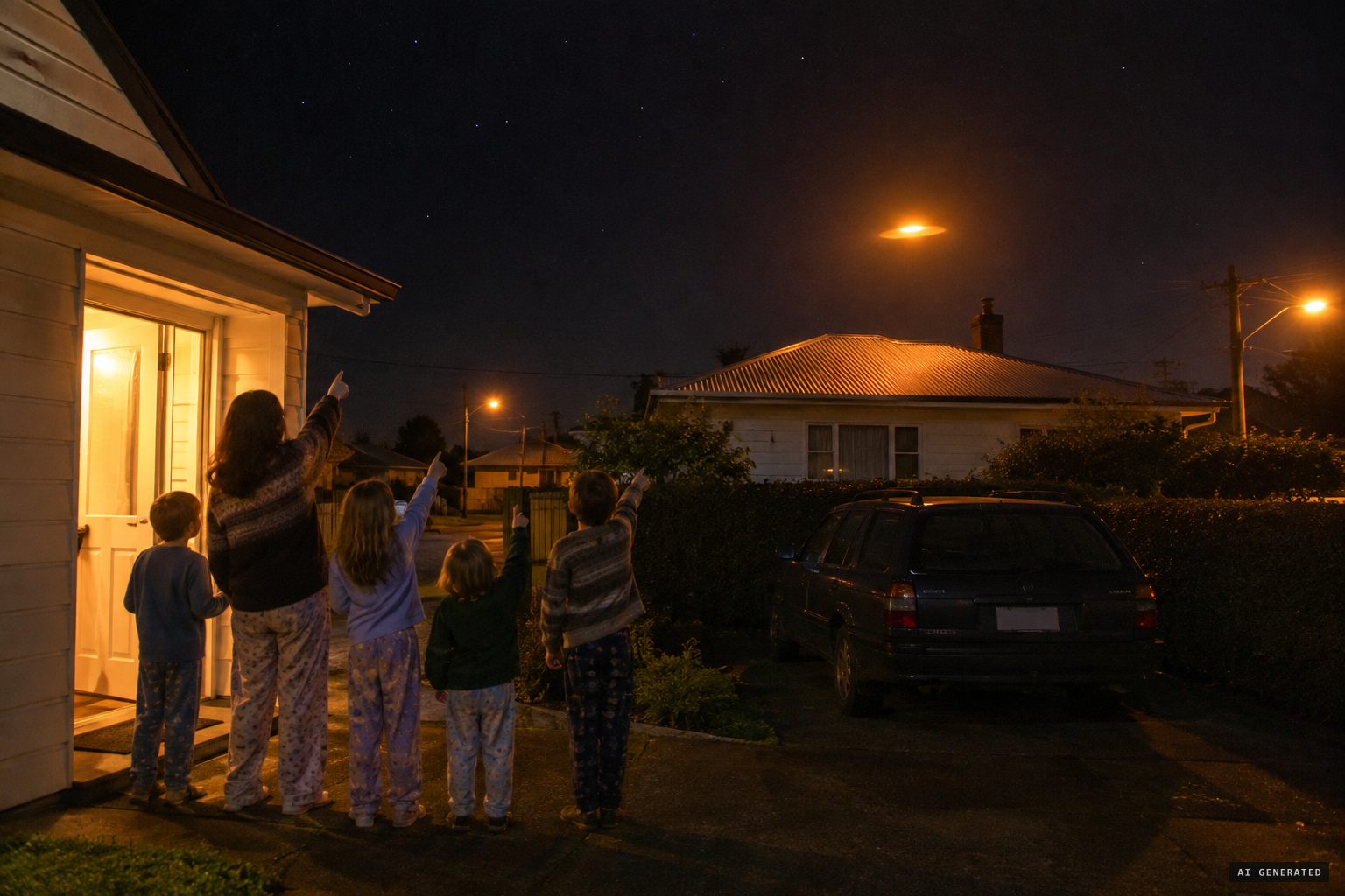The family rushes out to see the flaming object hovering above the neighbours' house