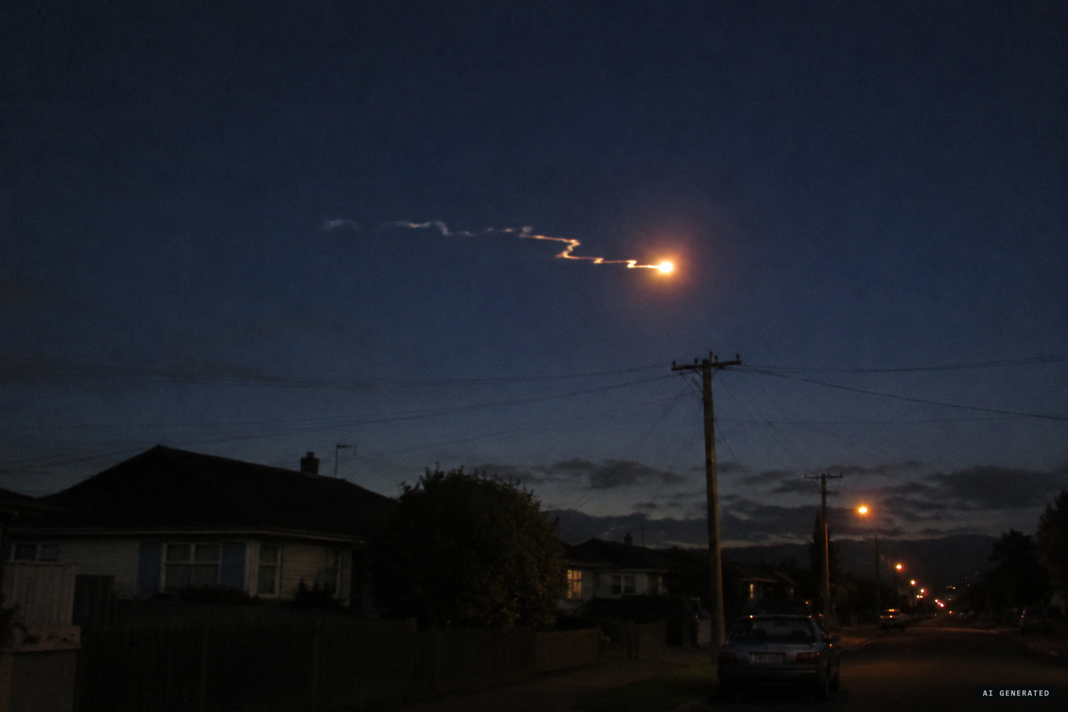 The flaming ball zig-zags across the night sky before speeding away