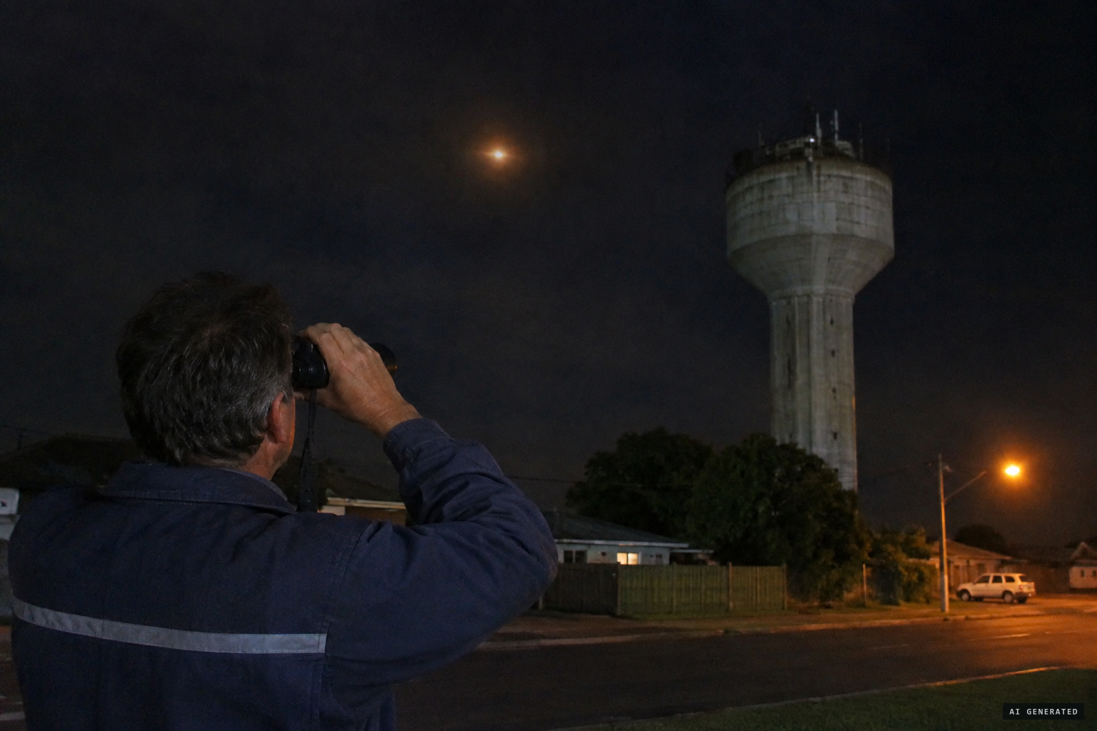 Mark Stowell watches an orange light drift towards the Hāwera Water Tower