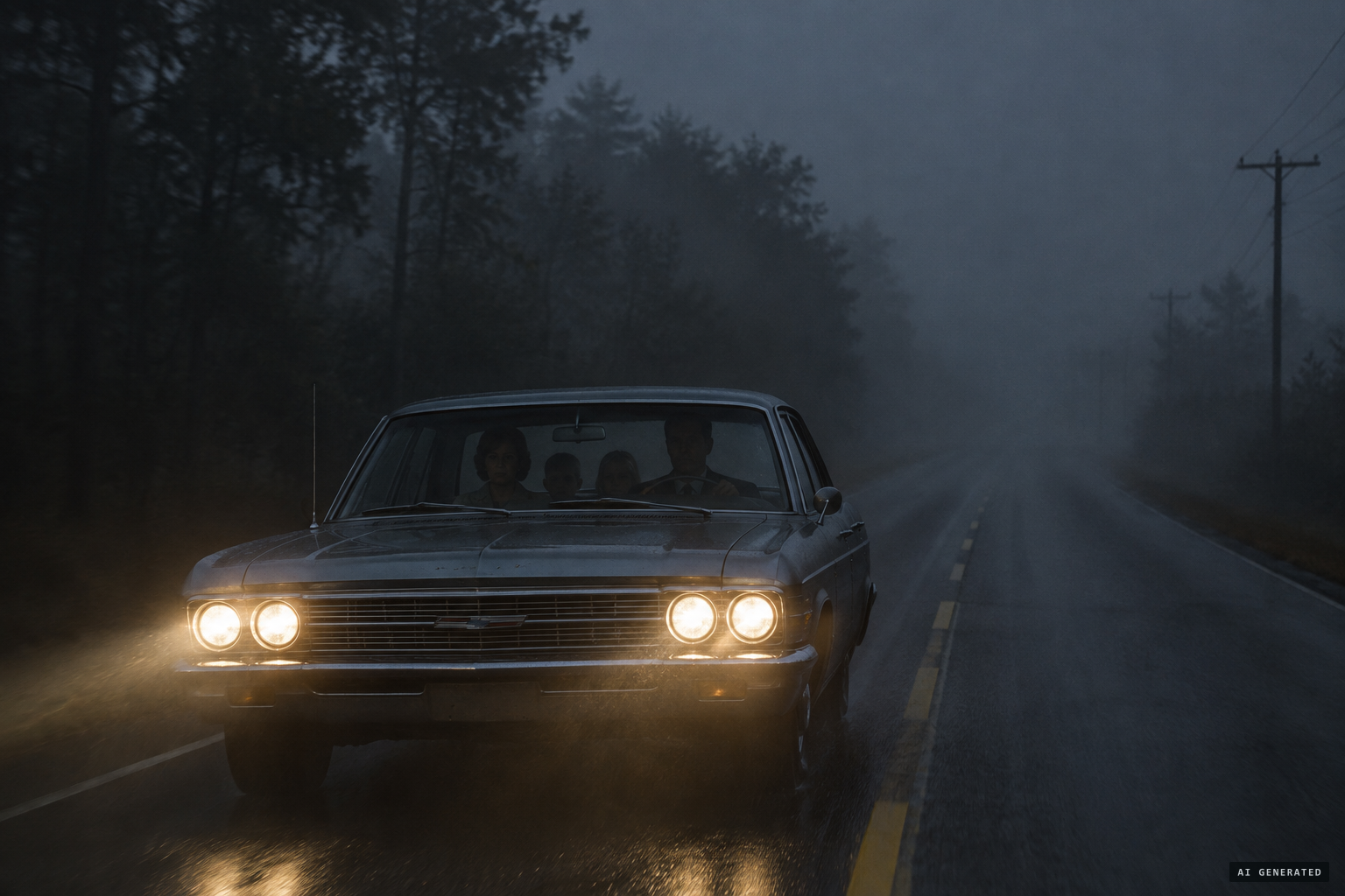 The Galloway family driving north on a foggy, drizzly December night