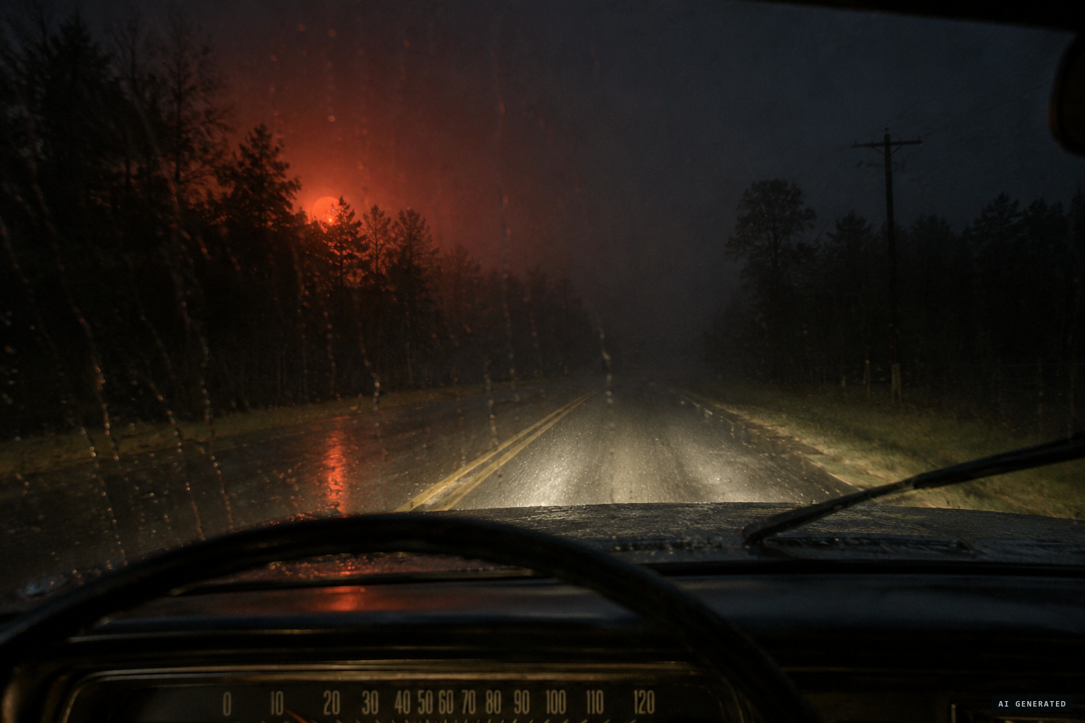 A red-orange glow, ahead and to the left, through and above the trees