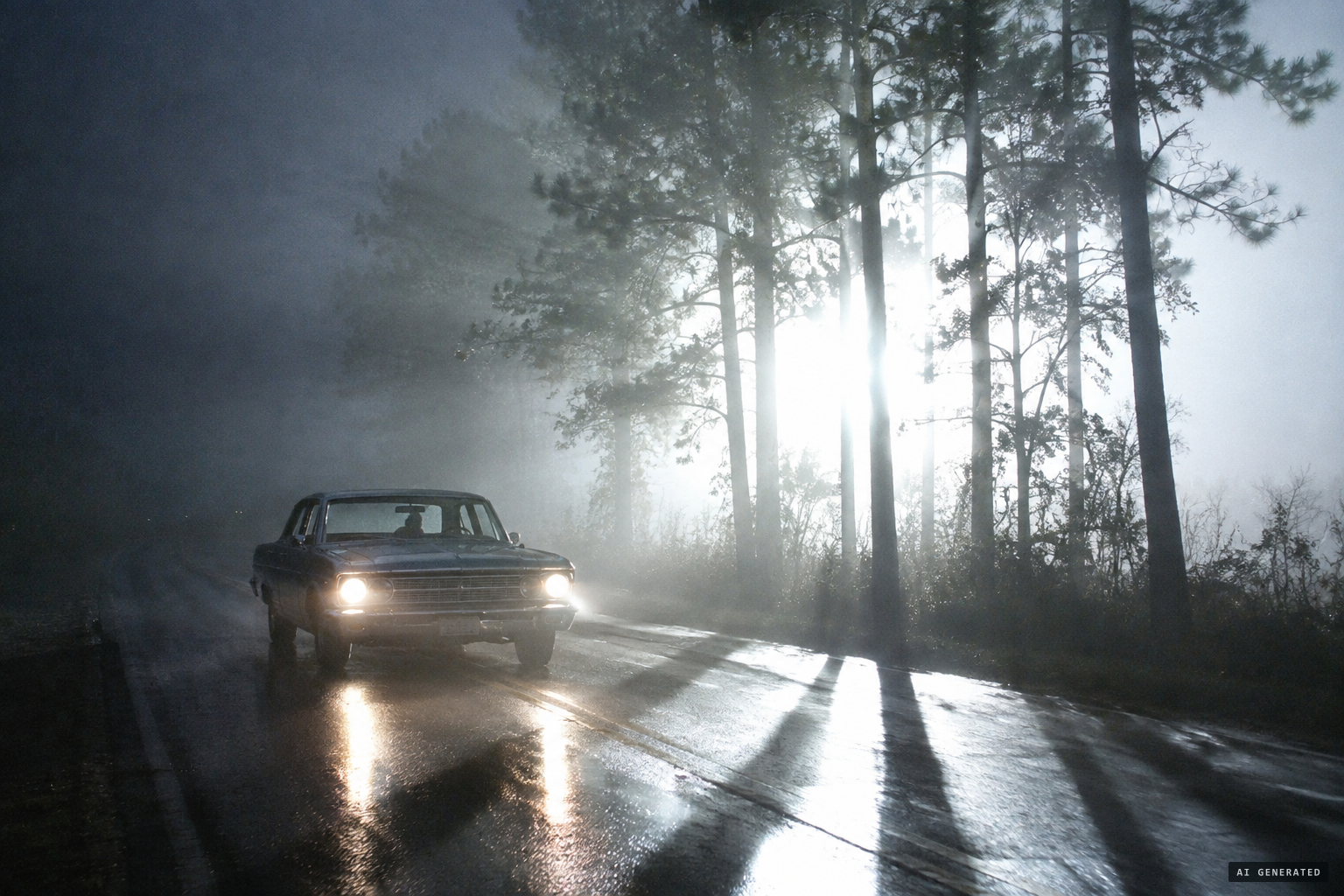 The light flares brilliant white, washing out the headlights and casting tree shadows