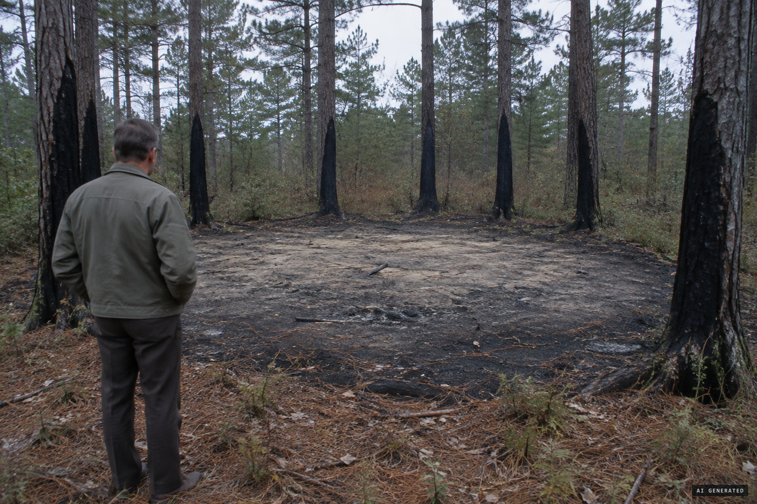 A clearing with tree bark blackened toward the centre