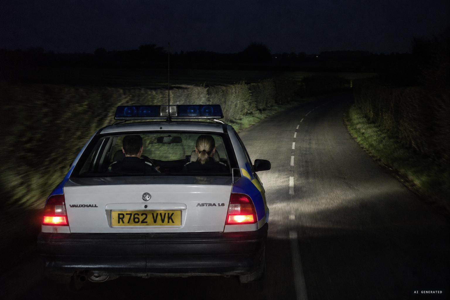 Two Sussex Police officers on night patrol on the A281 near Henfield, September 1998