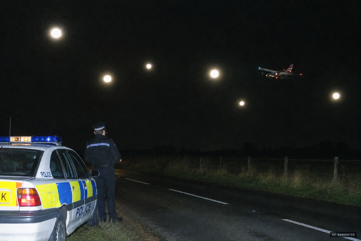 Five separate circular lights, each the size of a jumbo jet, with a large aircraft nearby