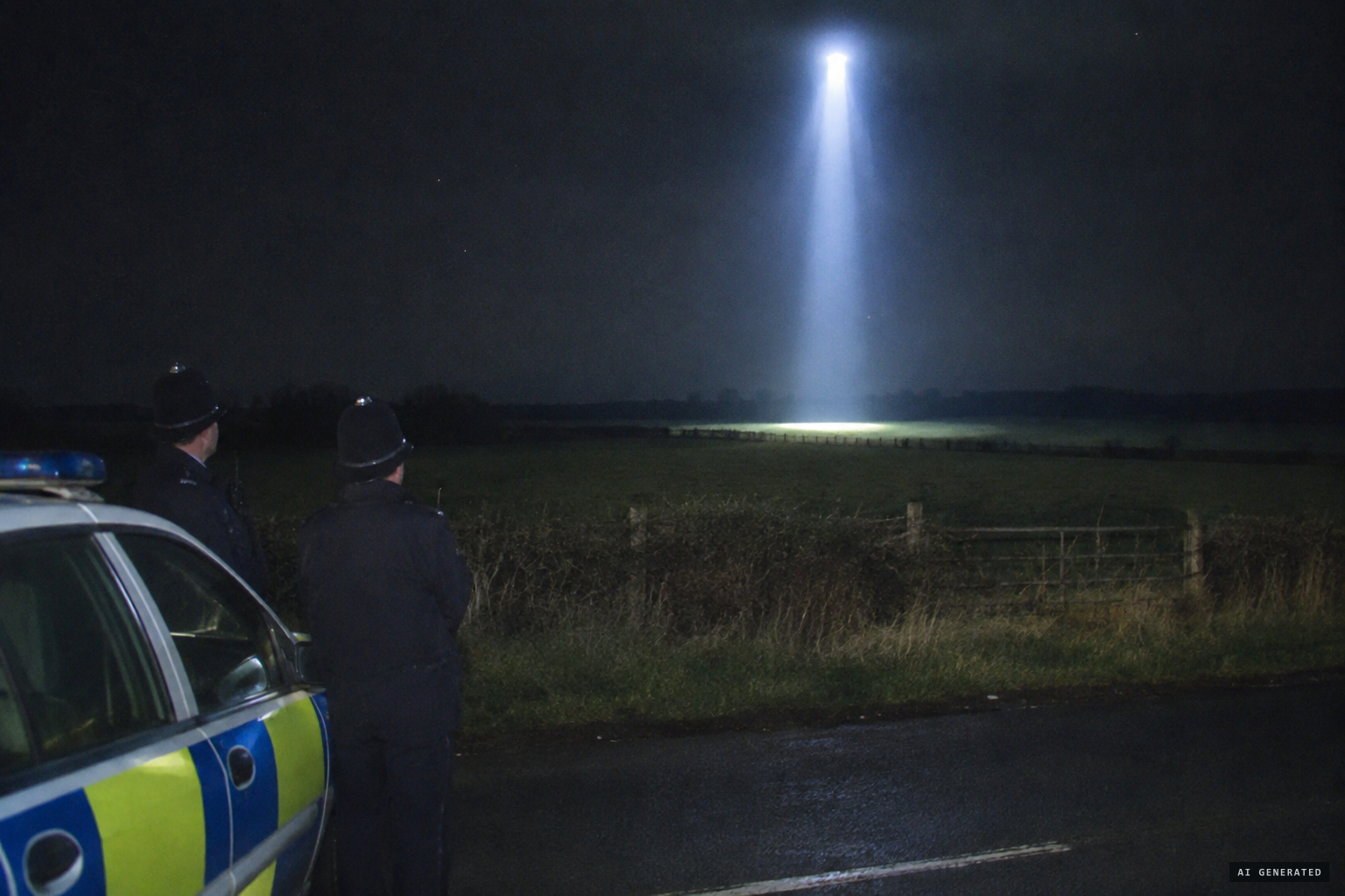 A beam of light shines down to the ground 200 to 300 metres away
