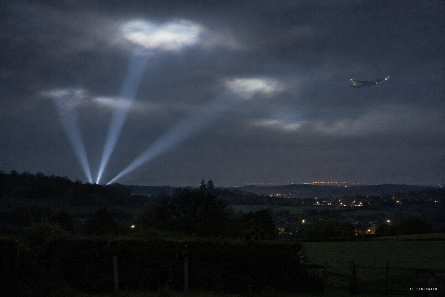 Possible explanations: sky beams on cloud and aircraft near Gatwick